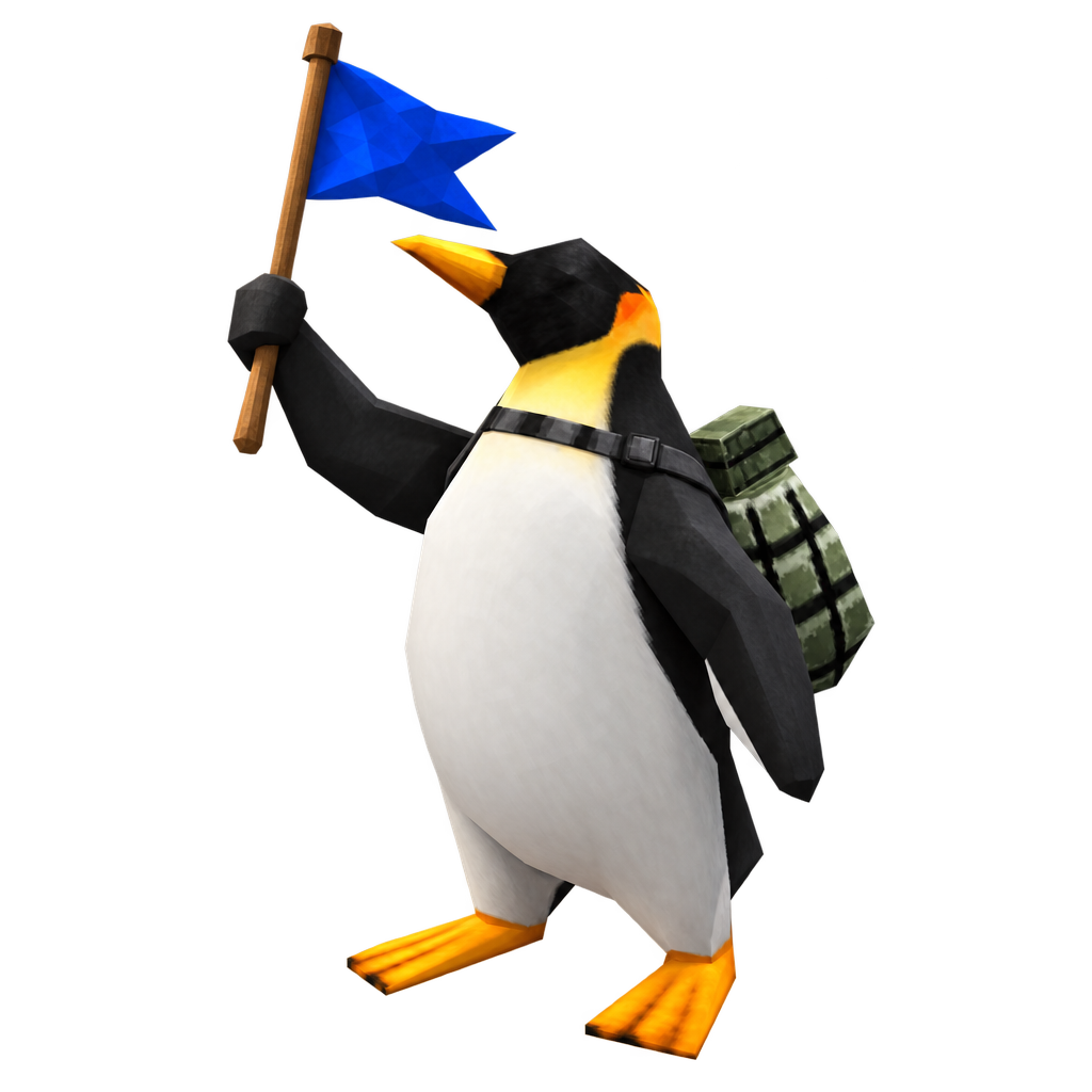 Kamikaze Penguin planting a small blue flag, pack secured